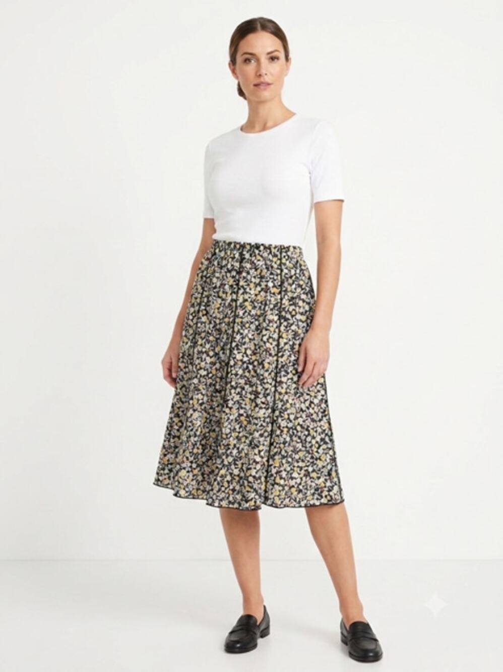 Cottagecore Floral Lemon Print‎ Midi Skirt Sz L Lined Cotton Daisy Coquette Boho